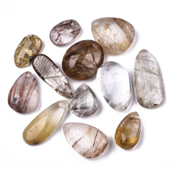 Natural Rutilated Quartz Pendants Nuggets 15~29x9~15x5~8mm Hole: 1mm