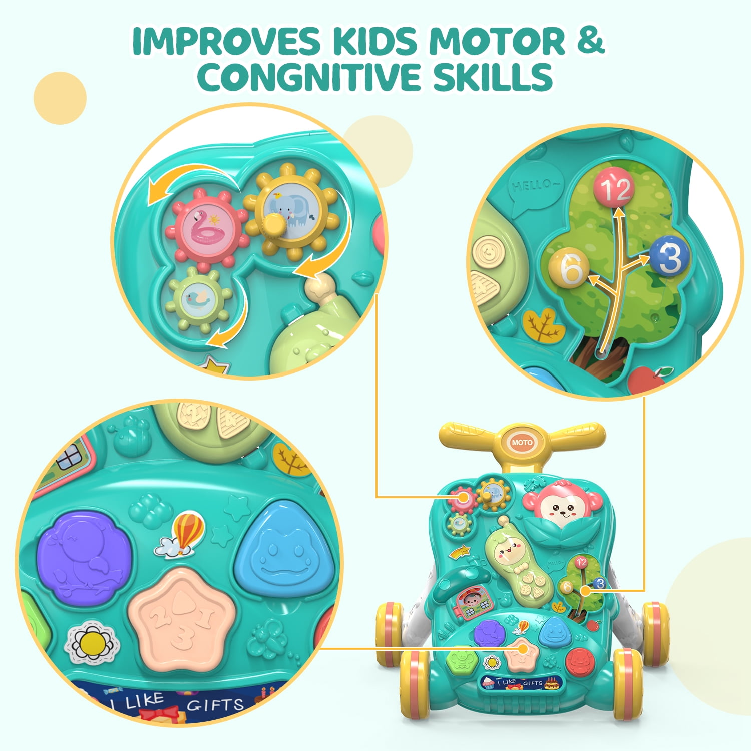 JoyStone Baby Push Walkers, Kids Multiple Activity Center, Lights, Music, Early Learning Push Toys, Toy Gift for Infant Boys Girls, Green