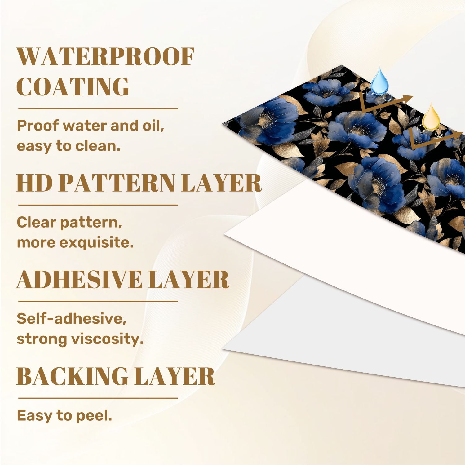 Peel and Stick Wallpaper 23.6in x 9.8ft Elegant Blue Gold Floral Black Contact Paper Vinyl Self-Adhesive Removable Wall Paper for Bedroom DIY Home Decor Renter Friendly
