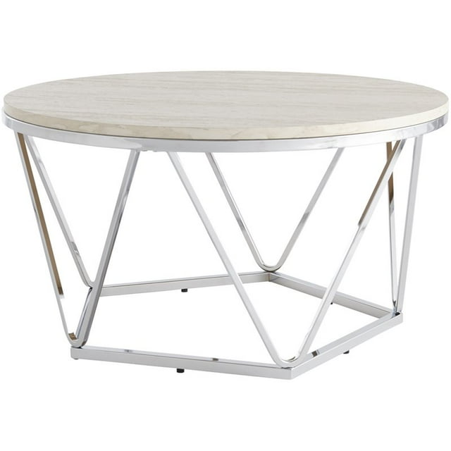 SEI Furniture Luna 33" Round Faux Stone Top Coffee Table in Silver