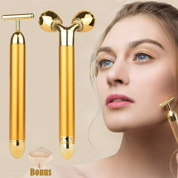 24K Beauty Bar Golden Face Massager, 3D Roller Electric Sonic Energy Beauty Bar and "T"Shape Face Massager Kit, Anti-Aging/Wrinkles, Instant Face Lift, Skin Tightening