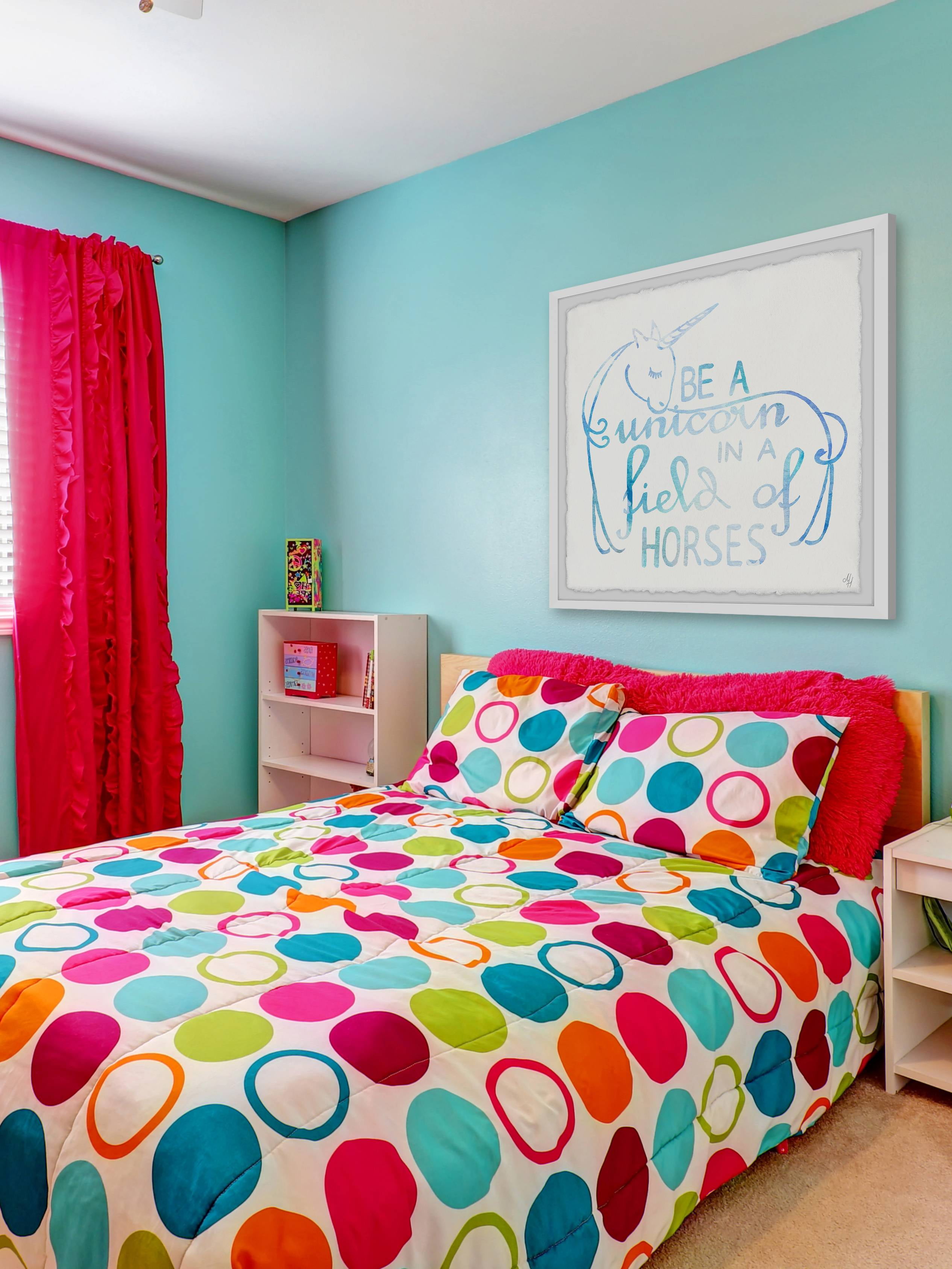 Marmont Hill Blue Unicorn in a Field of Horses Framed Wall Art