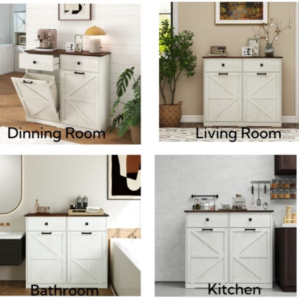 Farmhouse Double Tilt-Out Trash Cabinet, 2 x 10 Gallon Hidden Garbage Can Storage, Recycling Cabinet with Drawers, Barn Door Style, Brown + Antique White