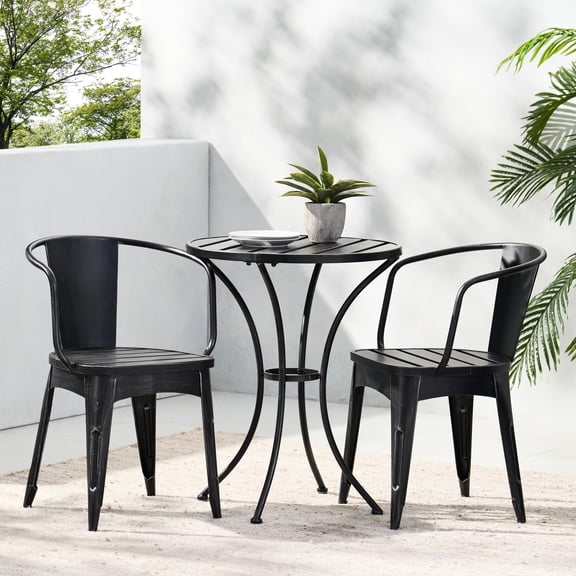 Black And Silver Outdoor Bistro , 3, Powder Coated Iron Modern 3 Pieces,   Stylish