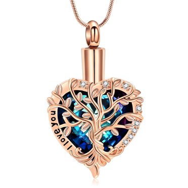 Personlized Heart Tree of Life Urn Necklace for Ashes Staliness Cremation Jewelry with Crystal w/Funnel Filler Memorial Jewelry Gifts for Women Men