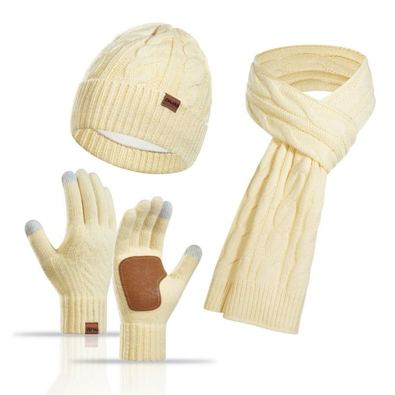 Behome Winter Gloves and Scarf Set, Knit Warm Long Neck Scarves Cap Gloves 3 in 1 Set for Woman, Apricot