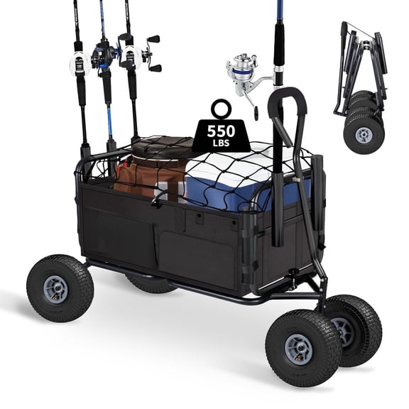 BETISEF Collapsible Fishing Cart w/11’’ All-Terrain Wheels for Sand,550lb Large Capacity Beach Wagon Heavy Duty Garden Cart with Rod Holders,Umbrella Holder and Storage Pockets