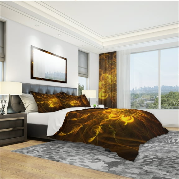 Designart 'Golden Fractal Flower in Dark' Modern & Contemporary Duvet Cover Set