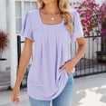 thumbnail image 2 of qolati Women's Ruffle Bell Short Sleeve Top Loose Fit Pleated Square Neck Dressy Shirts Casual Summer Curved Hem Flowy Eyelet Blouses, 2 of 3