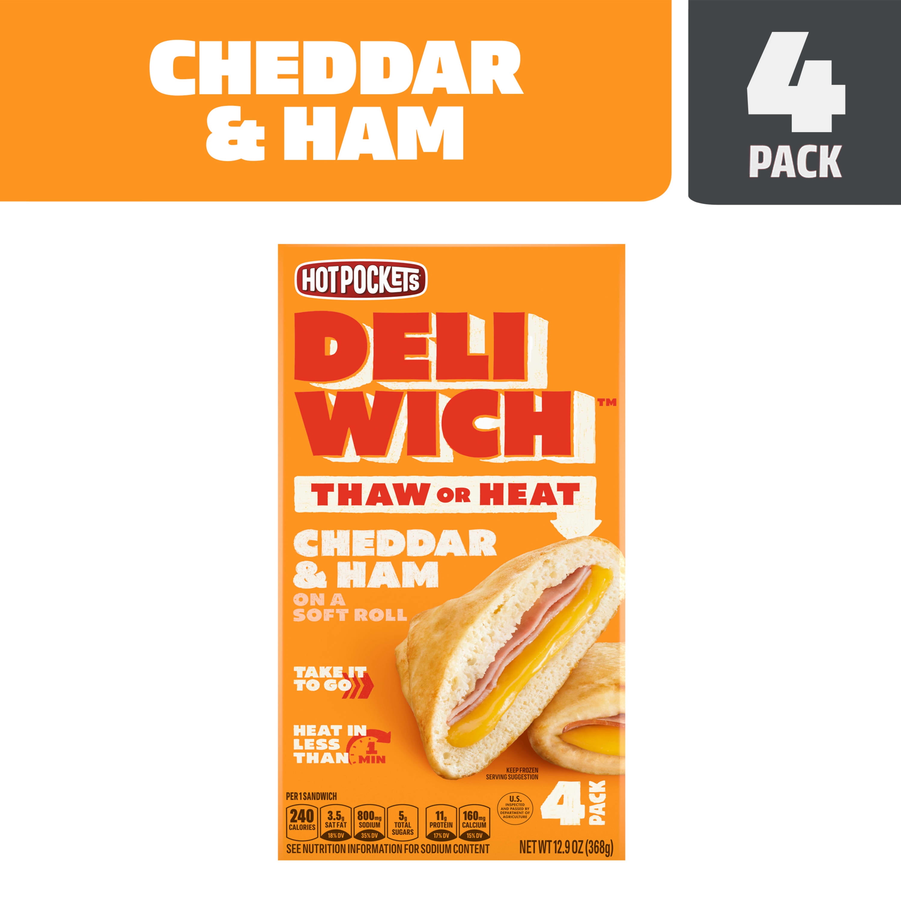 Hot Pockets Frozen Snacks Deliwich Cheddar and Ham Deli Sandwiches, 12.9 oz, 4 Count (Frozen)