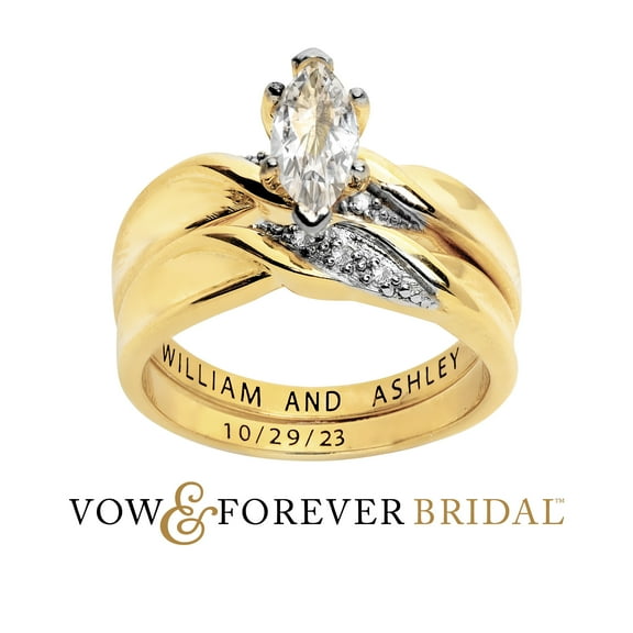 Vow & Forever Personalized Planet Bridal 14K Gold over Sterling Silver Marquise White Topaz Diamond Accent 2-Piece Engraved Wedding Ring Set ,Women's