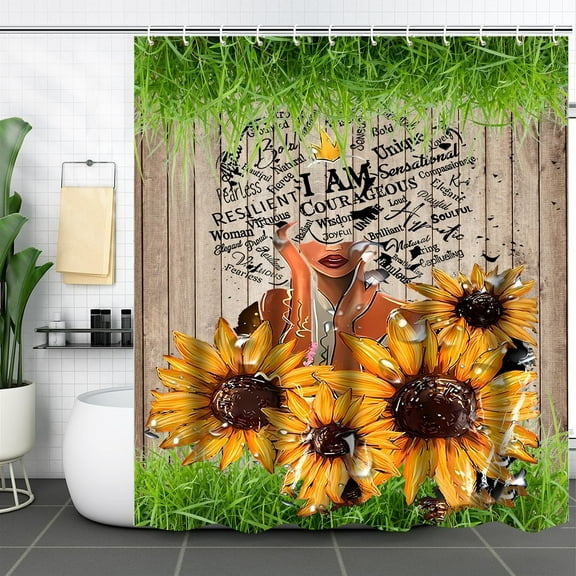 African Woman Shower Curtain Afro Black Art Green Leaves Women Design Bathroom Accessories Waterproof Washable Farmhouse Rustic Shower Curtains with 12 Hooks 72" W x 72" L - Green Leaf Woman