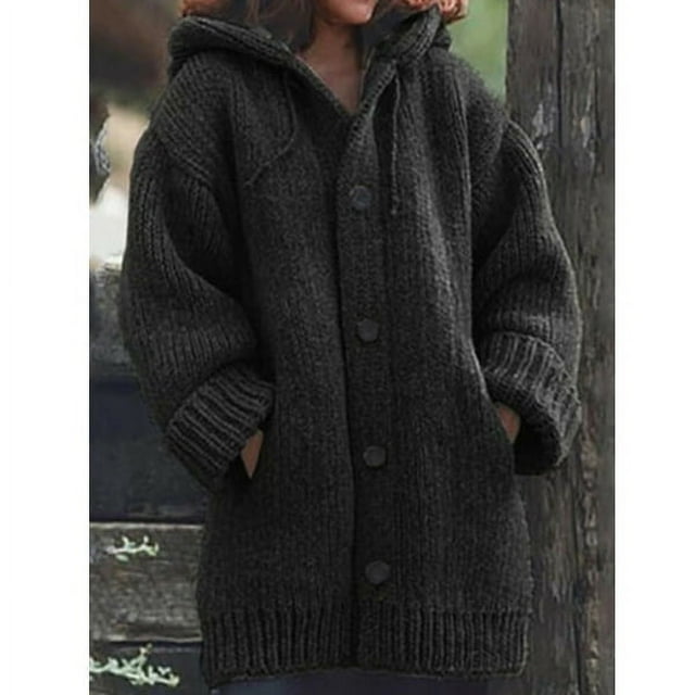 Button Down Hooded Knitted Cardigan Outerwear Solid Color Long Sleeve for Winter(Khaki 4XL)