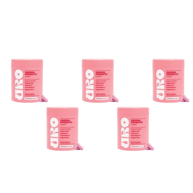 probióticos femeninos con lactobacilos para equilibrio ph, 60 cápsulas(5pcs) envases rosas de limsin, vista frontal centrada de cinco frascos cilíndricos con etiqueta blanca y texto vertical, cada frasco muestra dos cápsulas rosadas en primer plano sobre fondo blanco; diseño compacto, a menudo usado para llevar suplementos en bolsa de viaje.