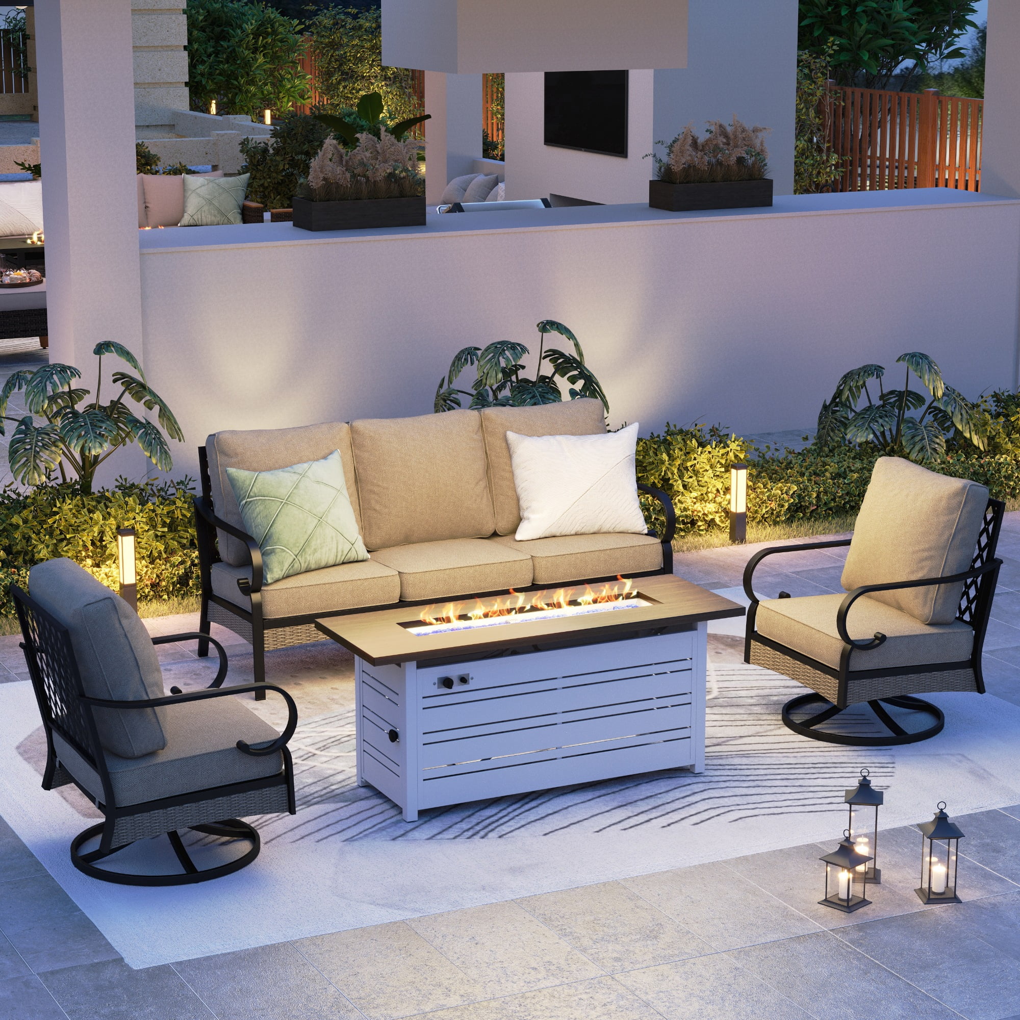 SUMMIT LIVING 56" Rectangular Propane Fire Pit Table, 50,000 BTU Gas Fire Pit with Lid and Blue Fire Glass, White
