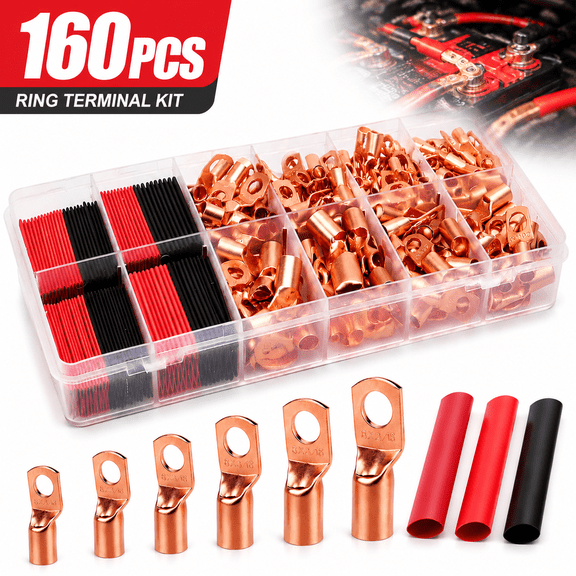 160-Piece Ring Terminal Kit - Battery Terminal Connectors, 2/4/6/8/10/12 AWG with Heat Shrink Set,  Tinned Copper Lugs with Heat Shrink Tubing for Solar/Marine/Auto