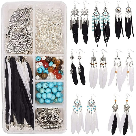 1 Box DIY 8 Pairs Bohemia Black White Long Feathers Dangle Hook Earring Making Kit with Instruction Jewelry Findings Making Crafts for Women Silver