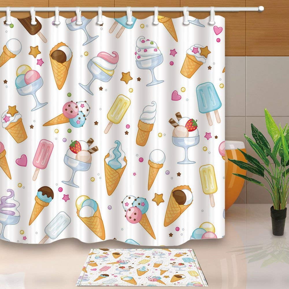ARTJIA Summer Cartoon Ice Cream for Kids Shower Curtain Shower Curtain