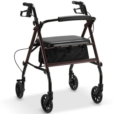 Naipo Rollator Walker with Seat, Foldable Rolling Medical Walker with 6" Wheels, Aluminum Frame Supports Up to 300 lbs, Burgundy