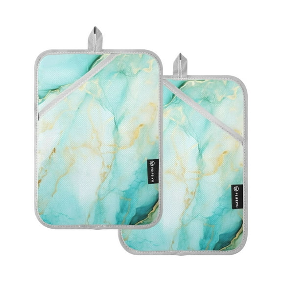 Aqua White Marble Oven Mitts 2 Pcs Pot Holders Sets Heat Resistant for Kitchen Cooking Baking 7"x9.8"