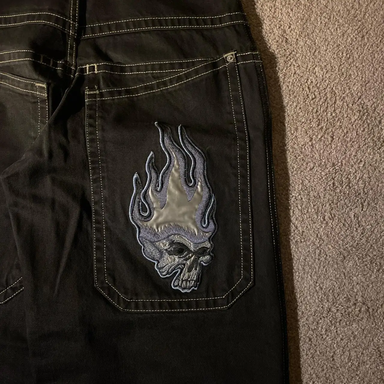 Y2K JNCO Jeans Men Goth Hip Hop Skull Graphic Embroidery Vintage