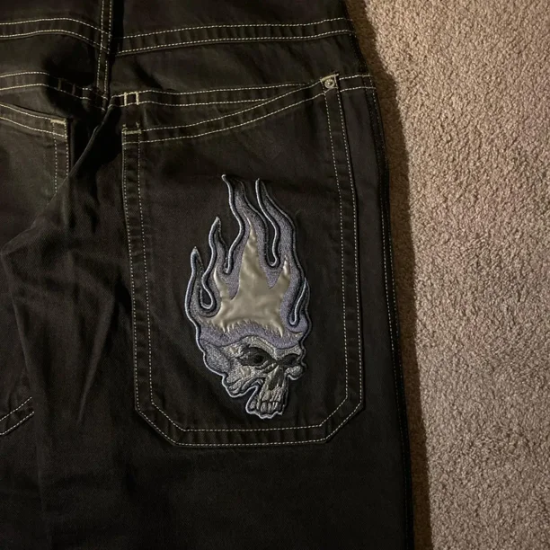Y2K JNCO Jeans Men Goth Hip Hop Skull Graphic Embroidery Vintage