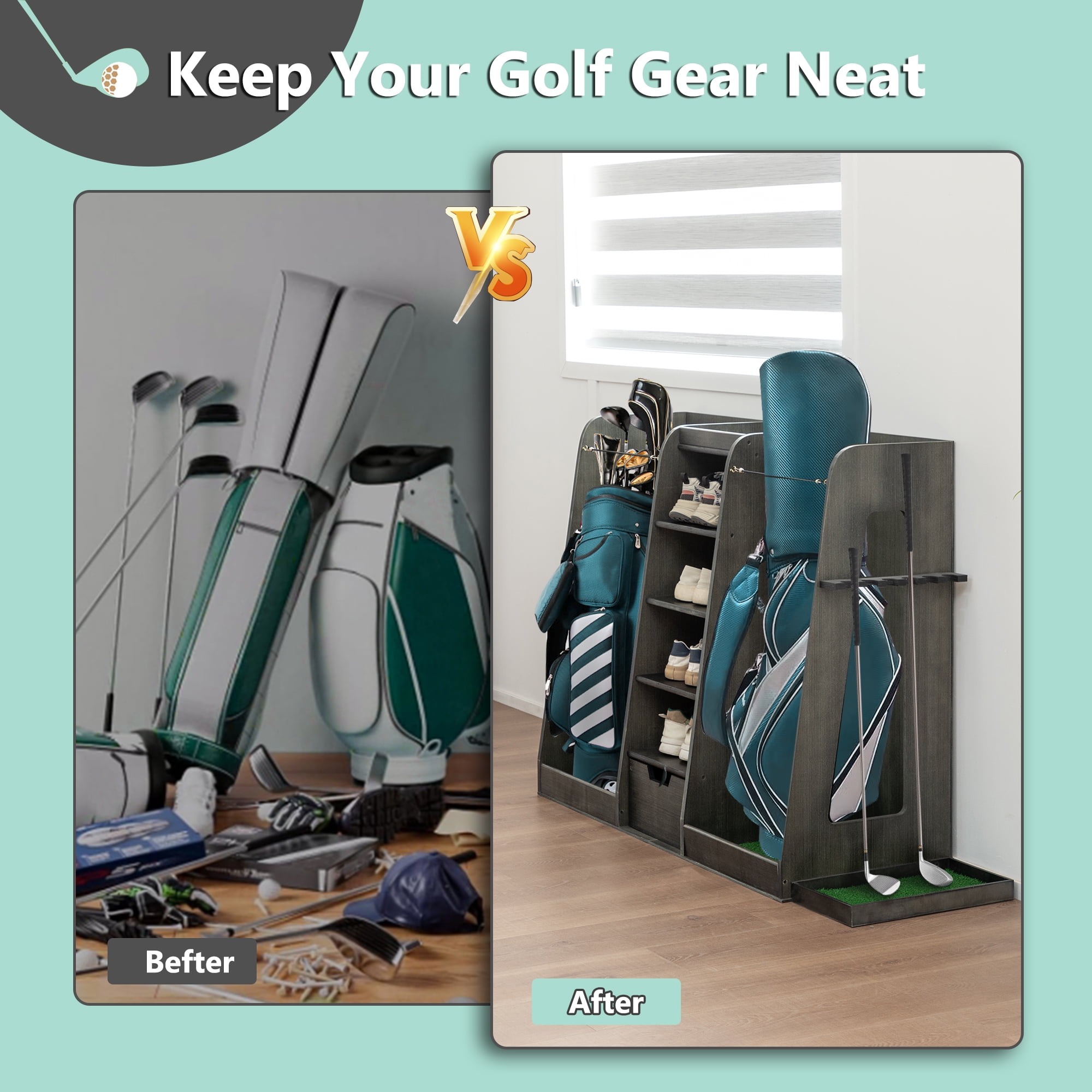 Miniyam Golf Bag Organizer with Drawers & Side Club Holders – Wooden 2 Bag Storage Rack, Heavy Duty, Gray