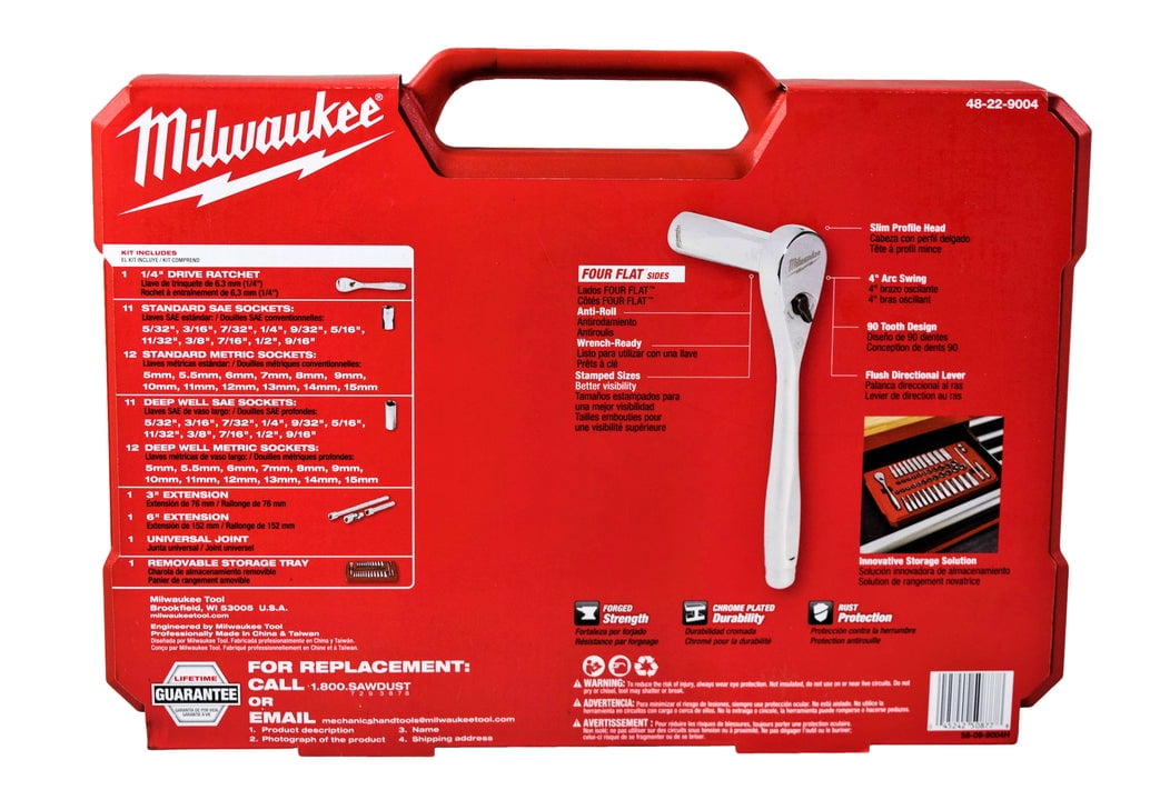 Milwaukee 50-Piece 1/4 in Drive Ratchet and Socket Set (48-22-9004) – 90-Tooth Slim Ratchet, SAE and Metric Sockets, Carrying Case