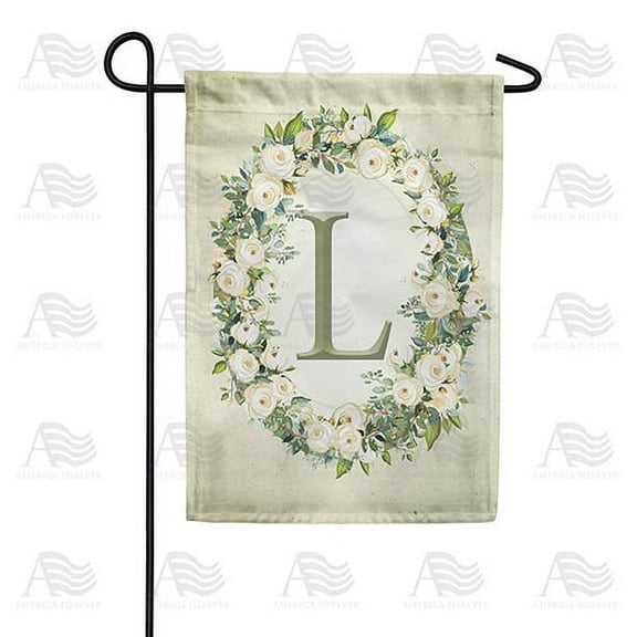 America Forever Spring Monogram Garden Flag Letter L 12.5 x 18 inches Double Sided Vertical Outdoor, Yard, Lawn, Beautiful Floral Wreath, White Flowers, Rose, Summer Themed Garden Flag