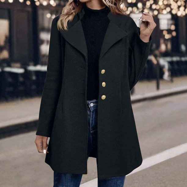 Abrigo informal de manga larga sin capucha y chaquetas para mujer, de lana de color liso, largo medio a largo, con solapa y bolsillo, blusa de manga larga para mujer