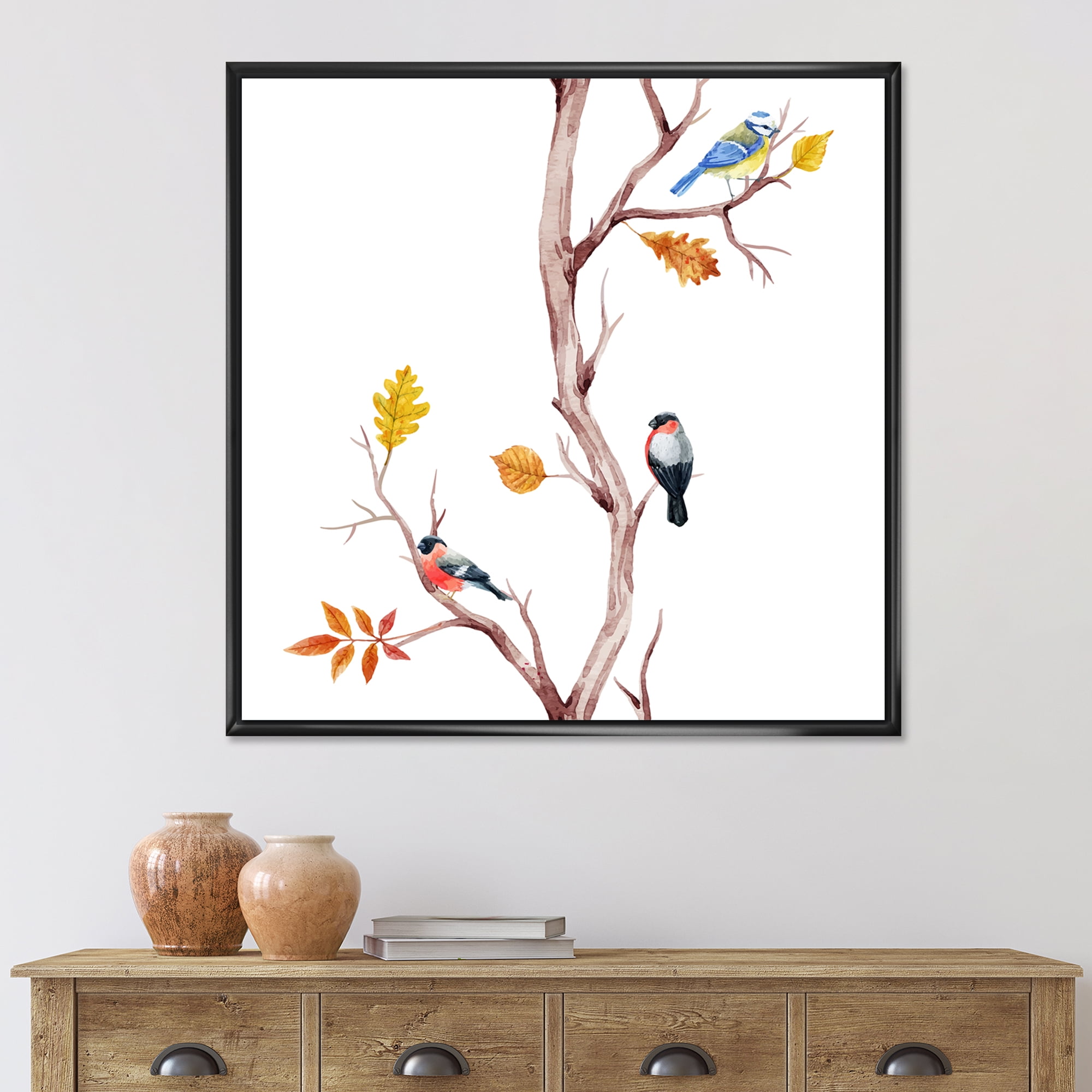 Designart 'Little Birds Sitting On The Tree Branches IV' Traditional Framed Canvas Wall Art Print