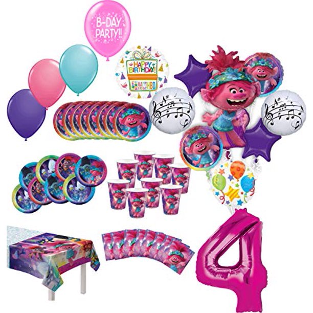Trolls World Tour Party Supplies 4th Birthday 8 Guest Table Decorations and Poppy Balloon
