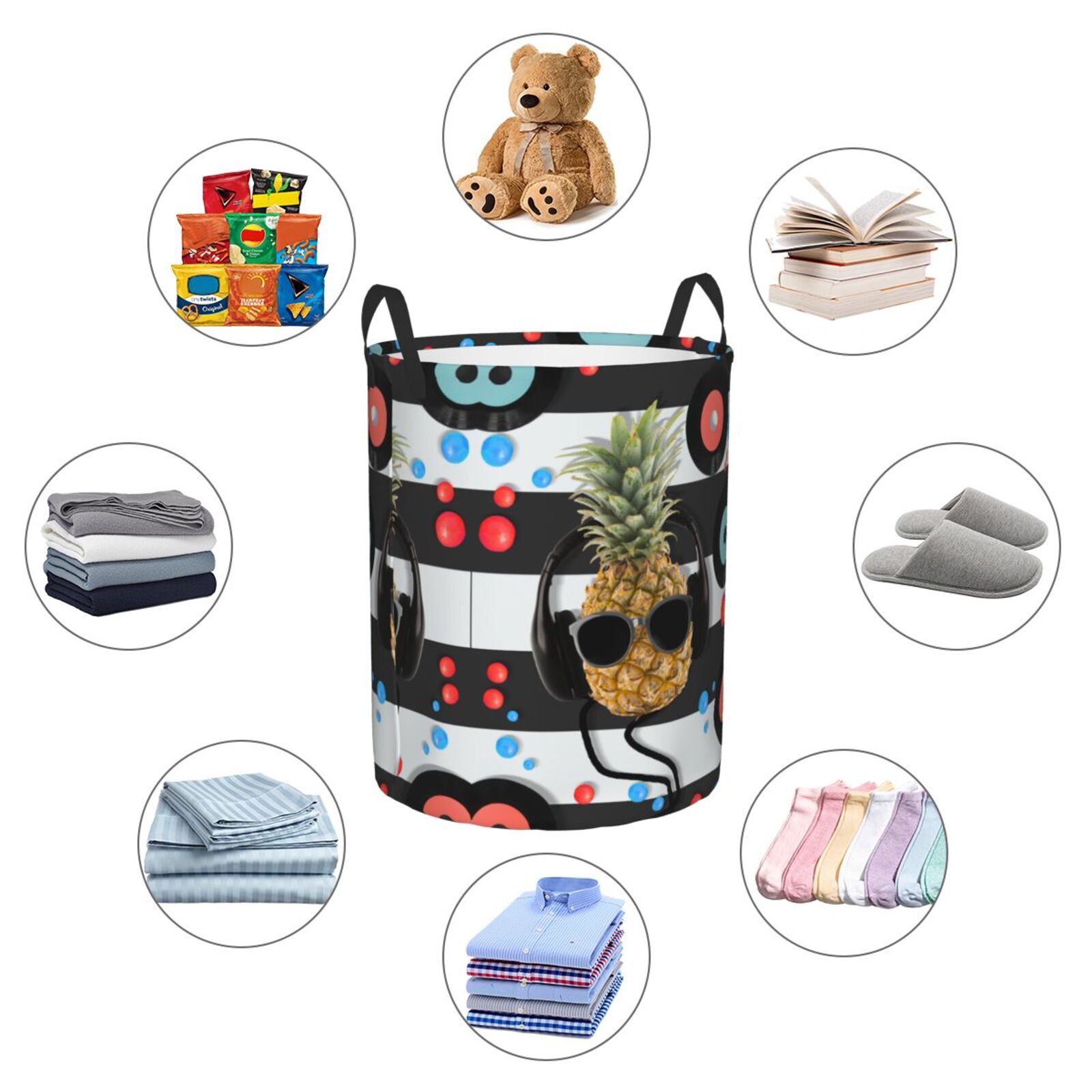 Large Laundry Basket with Handles - Pineapple With Black Glasses Kids Baby Dirty Clothes Laundry Hamper for Bedroom Aesthetic