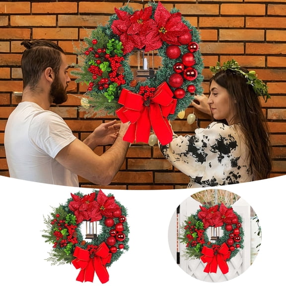 LED Christmas Wreath for Front Door Decorations, Battery Operated Artificial Greenery Wreath with Warm Lights, Large Bow,Berry Ornaments for Holiday Indoor Outdoor Home Decor