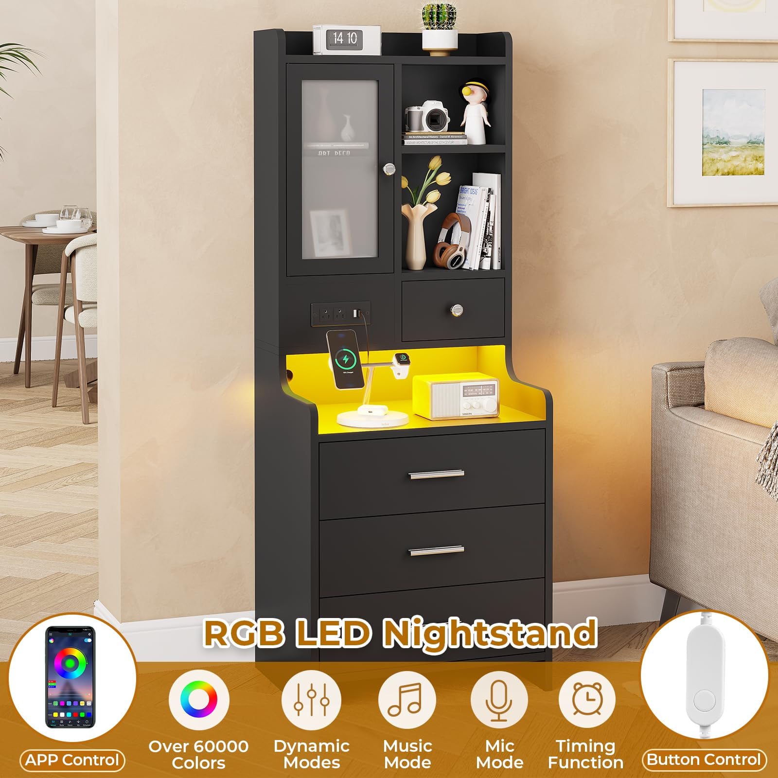 Afuhokles Tall Nightstand with Charging Station, Bedside Table with 4 Drawers, LED Night Stand with Bookshelf, Black