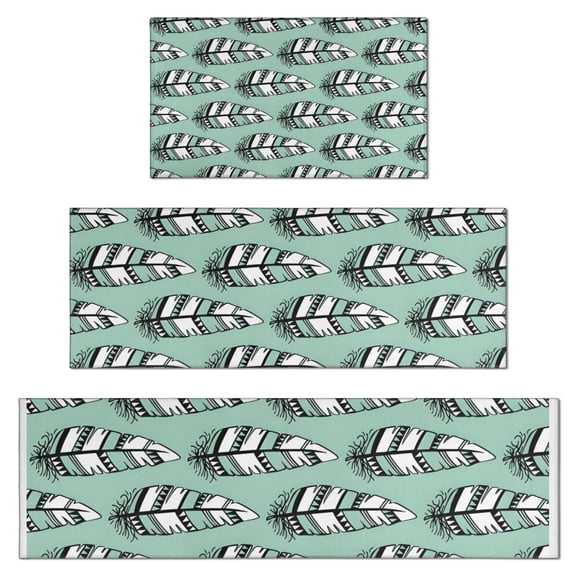 Green - Based Black and White Geometric Feather Pattern Kitchen Rugs Sets Of 3,Kitchen Runner Rugs Non Skid Washable,Decorative Kitchen Floor Mats for Kitchen,Sink,Laundry,17"x30" 17"x47" 17"x59"