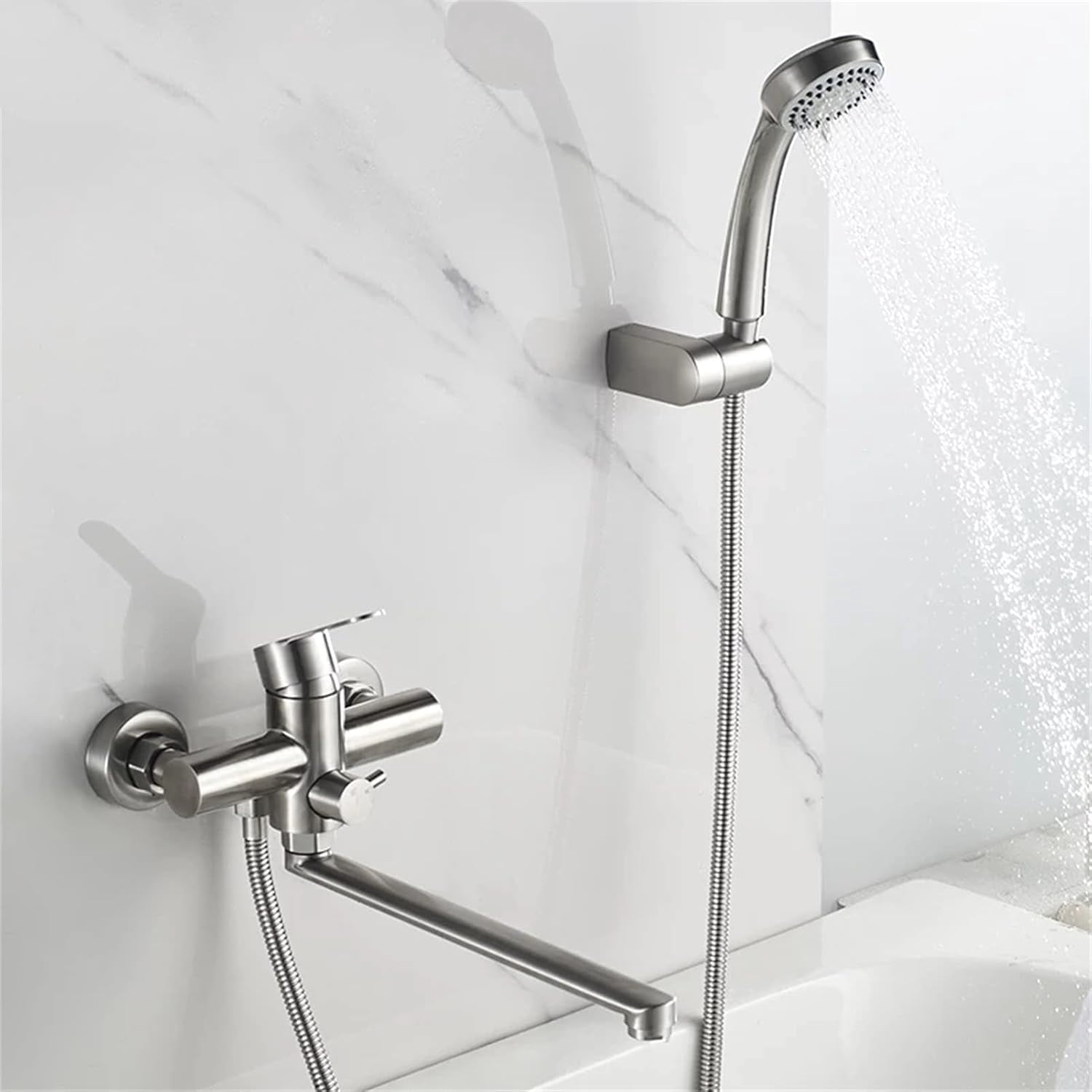 Bathtub Faucet Water Mixer Tap with Hand Shower, Single Holder Dual Control Stainless Steel Bathroom Faucets with Long Outlet