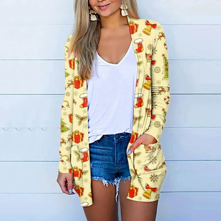 

Zedker Jackets for Women Winter Coats for Women Fashion Women s Fashion Christmas Printed Coat Long Sleeve Cardigan With Pocket Loose Casual Blouse Tops