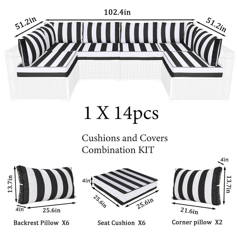 14 Pieces Outdoor sectional cushions replacement set, 4in thick patio furniture cushions, Waterproof Outdoor Couch Cushion,deep seat patio cushions For 6 Seat（Black white）