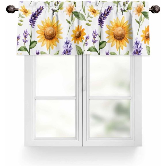 Spring Floral Valances for Windows, Sunflower Lavender Flower Leaf Rod Pocket Kitchen Window Curtain Valance, Rustic Plant Window Treatment Valance Curtains for Kitchen Living Room Bathroom, 54"x18"