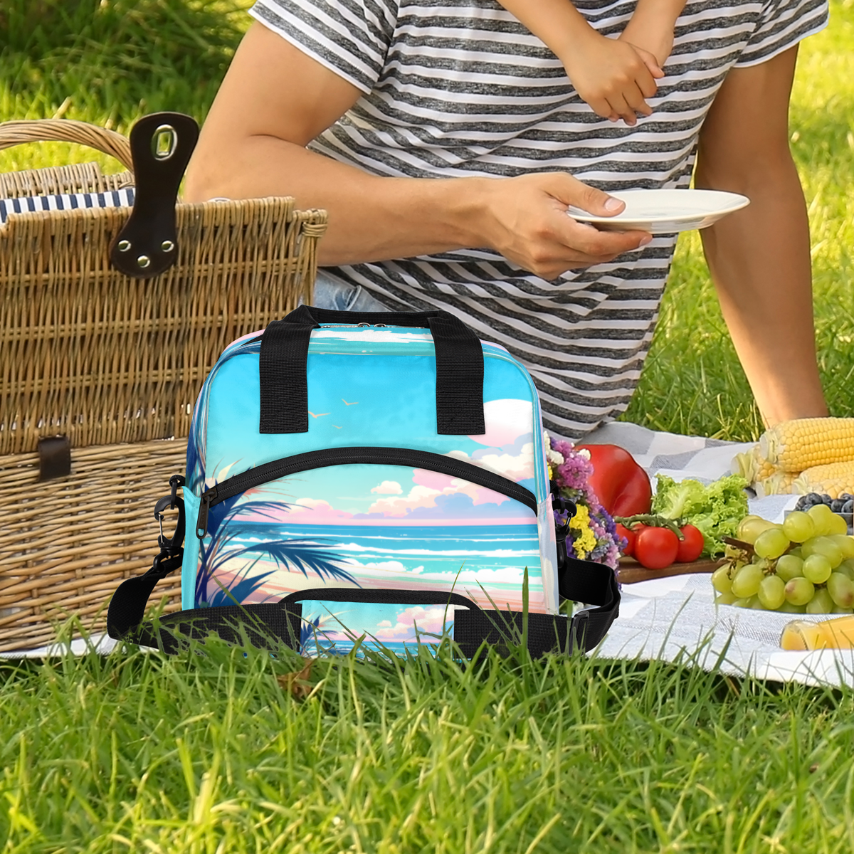 Herdesigns Tropical Beach Insulated Lunch Bag for Women Men Adults Large Reusable Lunch Box Summer Seaside Leakproof Cooler Tote Bags with Adjustable Shoulder Strap