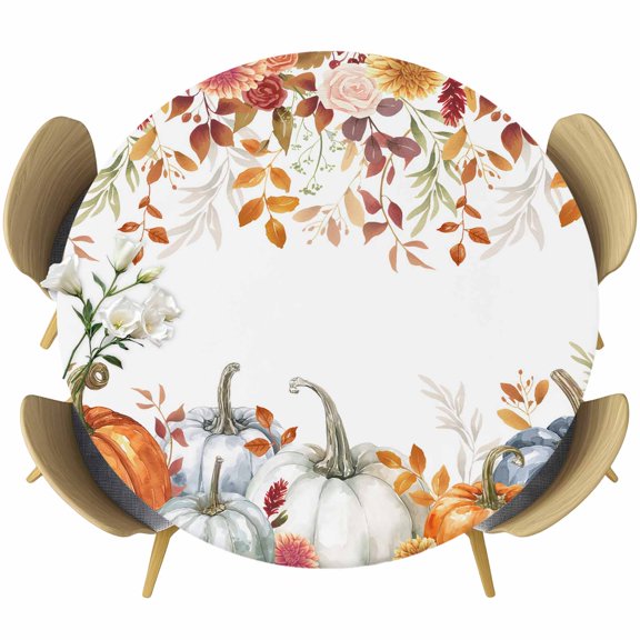 Orange Blue Pumpkin Fall Round Tablecloth, Fitted Table Cover with Elastic for 36"-44" Round Tables, Thanksgiving Floral Leaves Table Cloth Outdoor Indoor Dinning Party Waterproof Tablecloths
