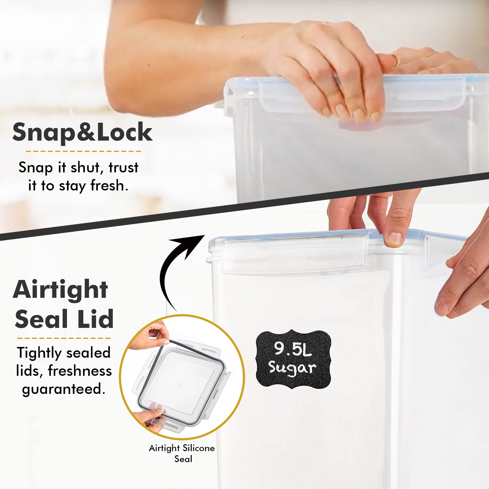 Shazo 2PC (9.5L | 321 oz) Extra Large Airtight Flour Sugar Storage Containers, BPA Free Plastic Food Storage Containers with Lids, Includes 2 Measuring Spoon