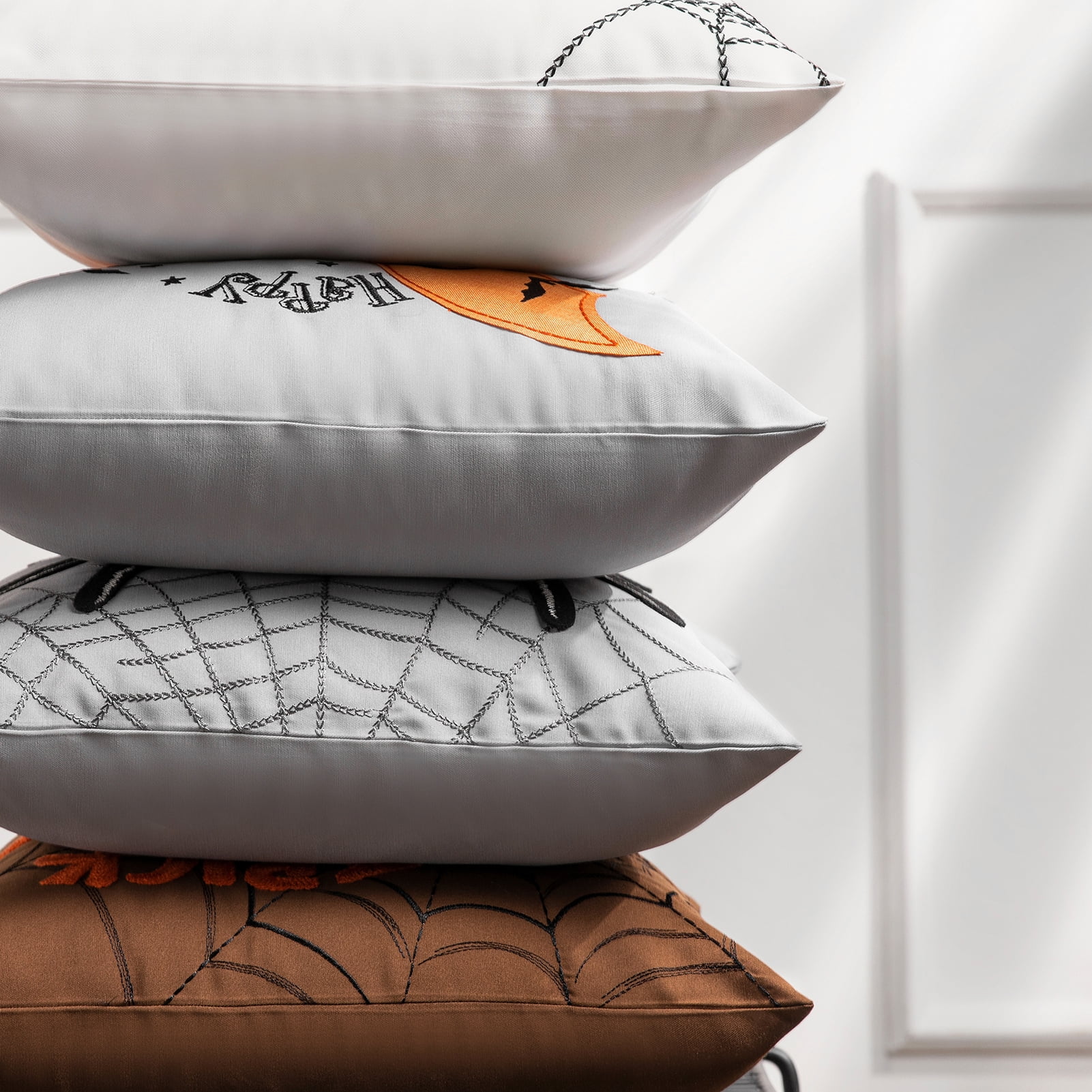 Phantoscope Halloween Holiday Collection Embroidery Decorative Throw Pillow, 18" x 18", Orange Embroidery Spider, 4 Set