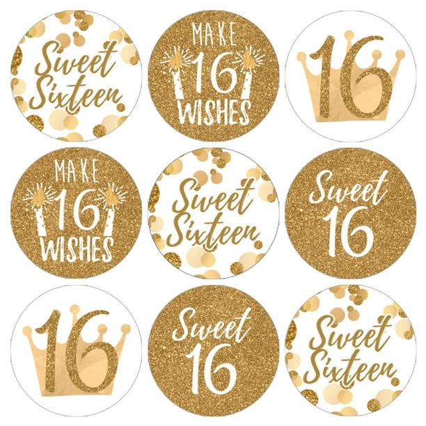 White and Gold Sweet Sixteen Stickers for Kiss Candy - Happy 16th Birthday Party Favor Labels - 180 Count - Distinctivs