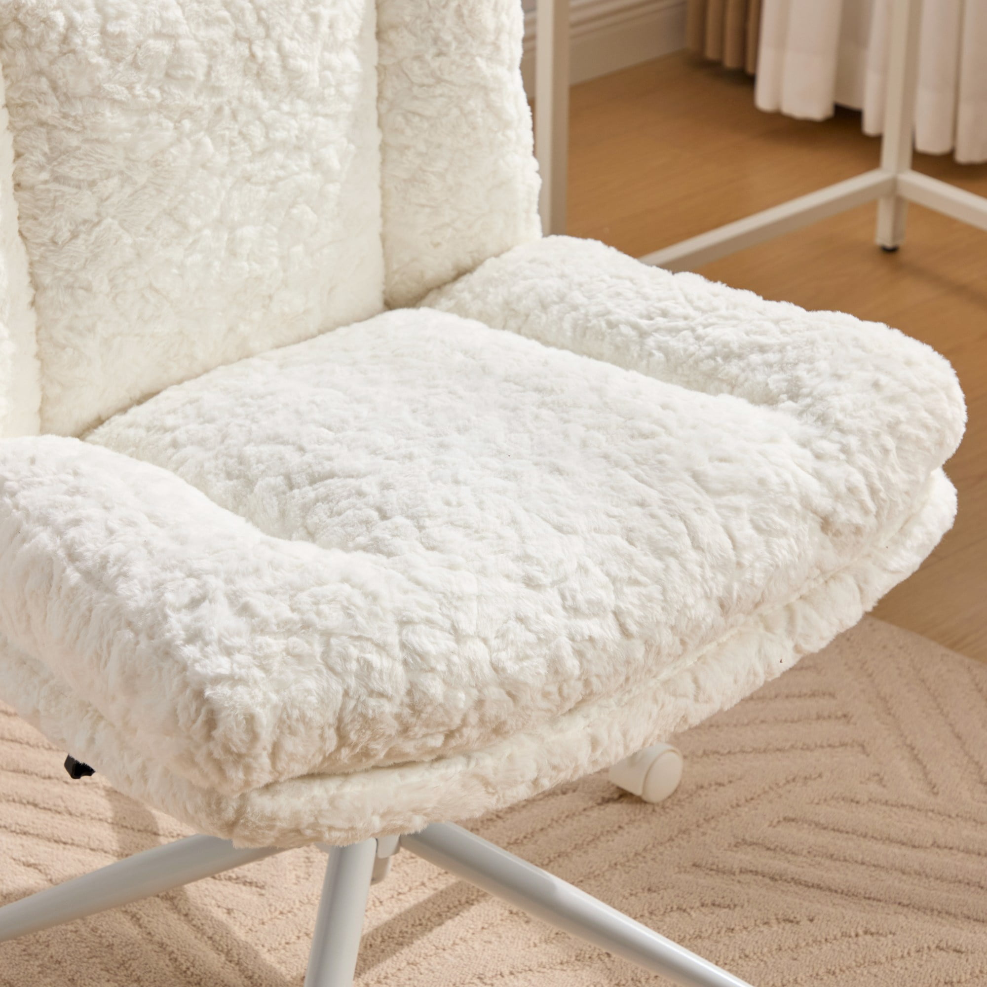 PAPROOS Vanity Chair with Back, 26.4" Wide Armless Home Office Chair with Artificial Rabbit Hair, Metal Base, Adjustable Swivel Ergonomic Desk Chair with Wheels, Computer Task Seating, Cream