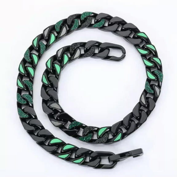 GKNET Hip Hop Black Green Stainless Steel Cuban Chain Necklace Cool Men Jewelry-20 in Necklace