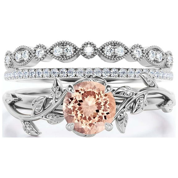 Vine Leaf Ring, Boho & Hippie 2.00 Carat Round Cut Morganite And Diamond Moissanite Engagement Ring, Wedding Ring In 10K Solid White Gold, Gift, Promise Ring For Her, Trio Set, Matching Band
