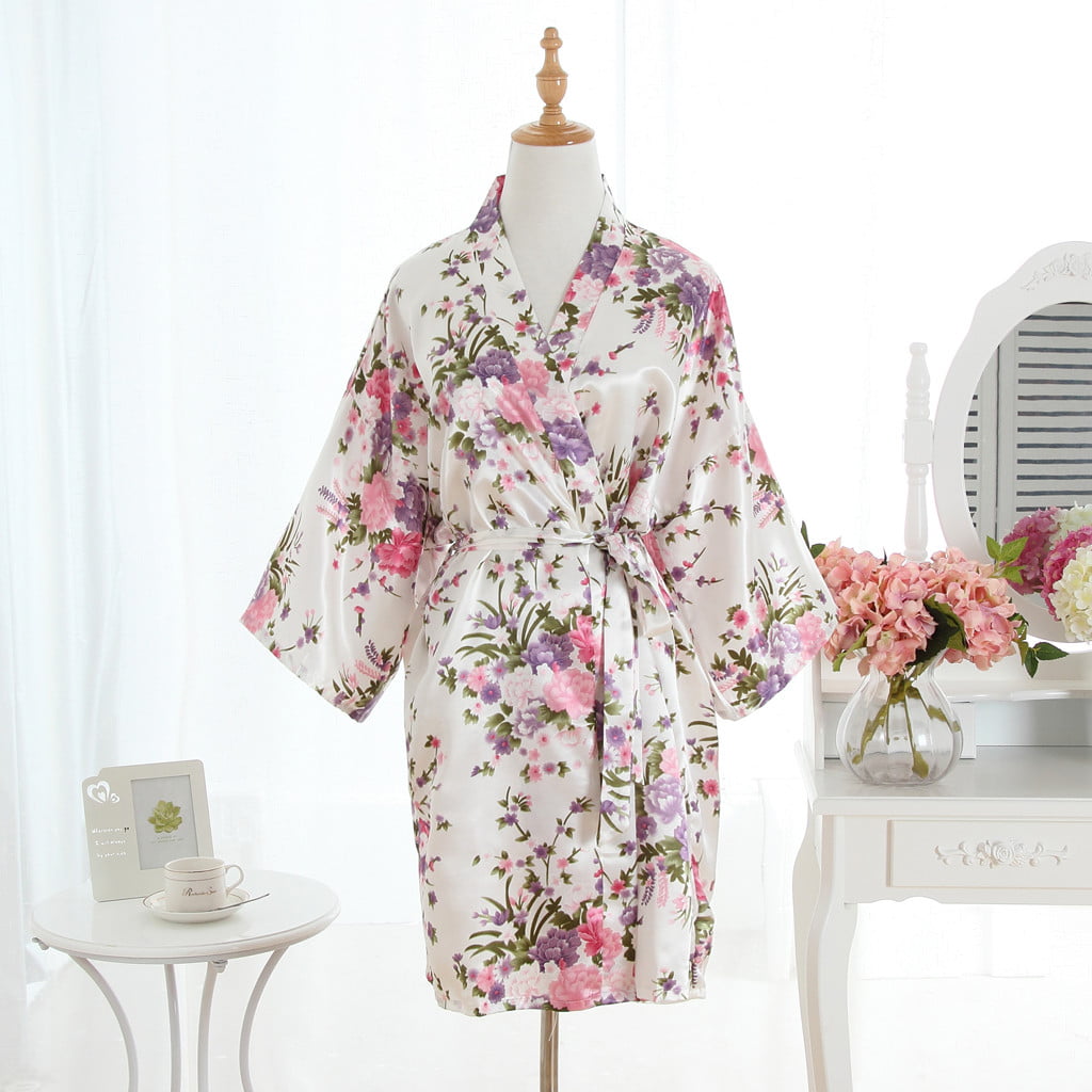 Details about   Ladies Satin Bathrobe Floral Nightgown Kimono Yukata Pajamas Sleepwear Floral