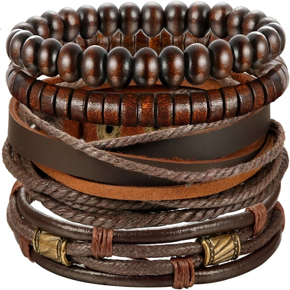 DESIGNICE 4Pcs Braided Leather Bracelet for Women Mens Cuff Bead Bracelet Set Adjustable Black and Brown